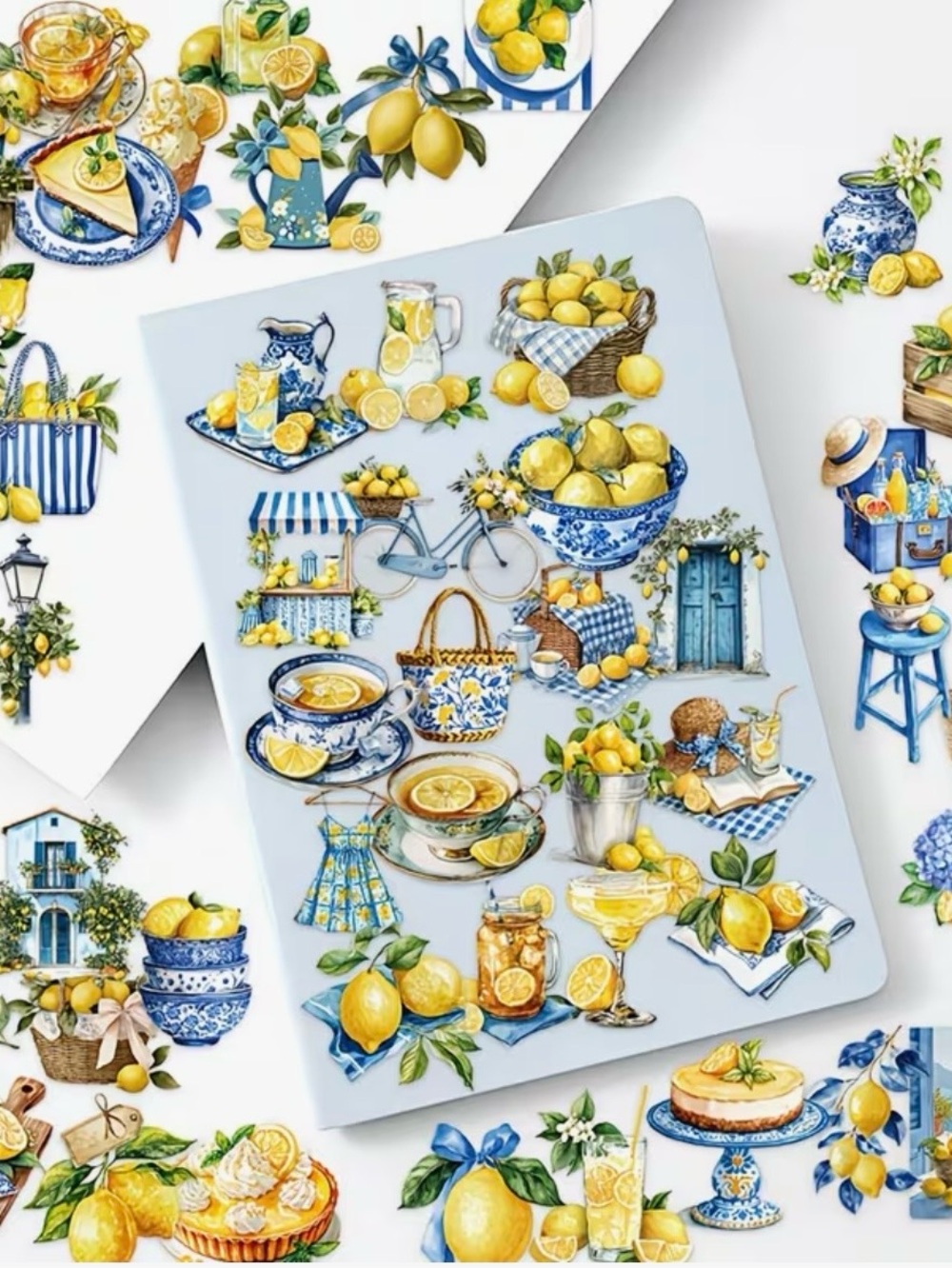 50 Blue & Yellow Lemon Stickers Mediterranean Citrus Drinks Fruit Tote Pie - Picture 6 of 9